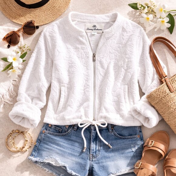 Tommy Bahama White Textured Floral Terry Zip Jacket Small Resort Coastal Jacket - Picture 2 of 8